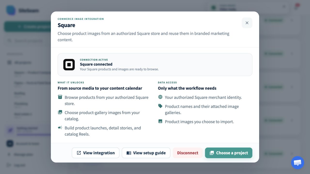 SiteSeam confirmation that the Square integration is connected
