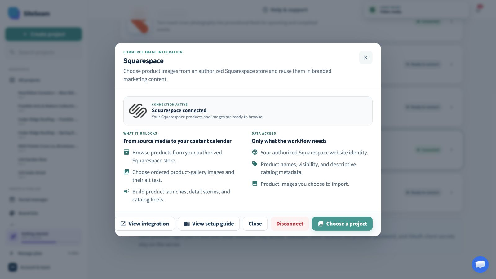 SiteSeam confirmation that the Squarespace integration is connected