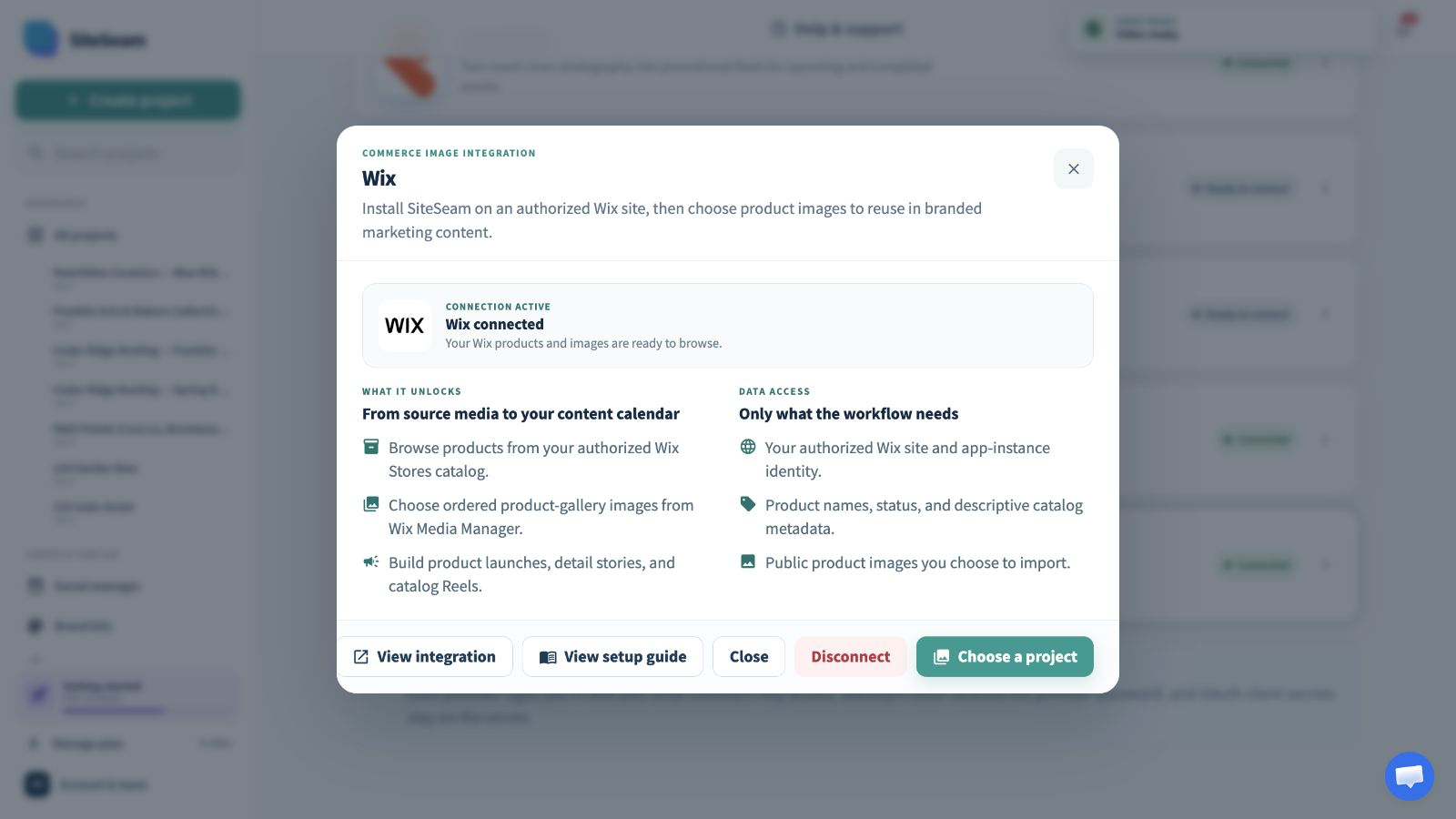 SiteSeam confirmation that the Wix integration is connected