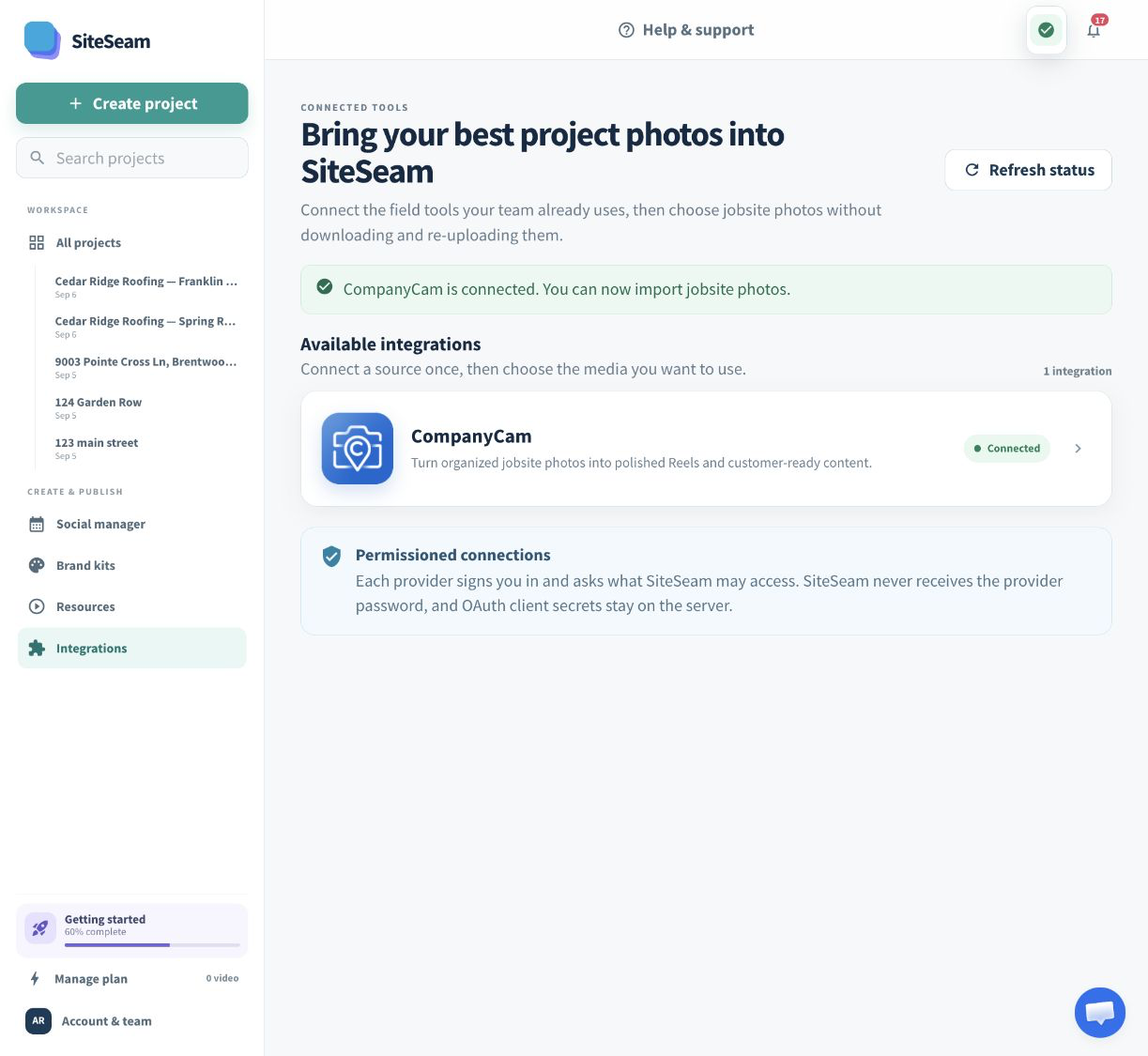 SiteSeam confirmation that the CompanyCam integration is connected