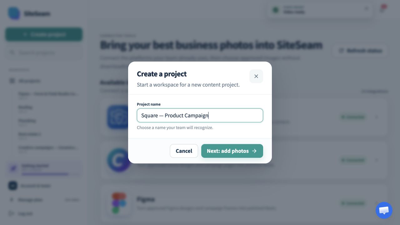 SiteSeam form for creating a project for product content