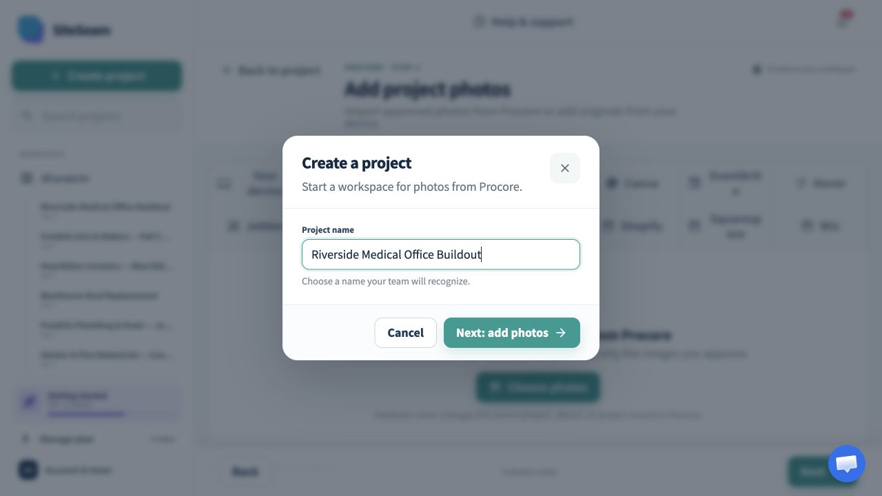 SiteSeam form for creating a project for construction content