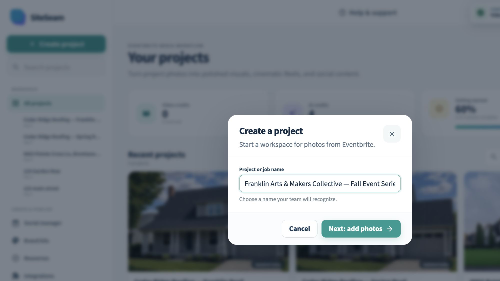 SiteSeam form for creating a project for event content