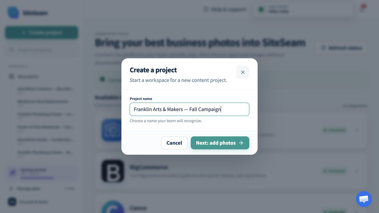 SiteSeam form for creating a project for campaign content