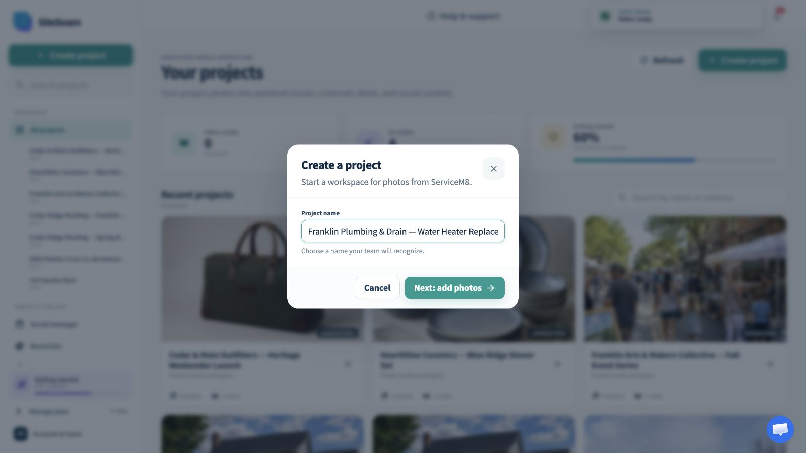 SiteSeam form for creating a project for field-service content