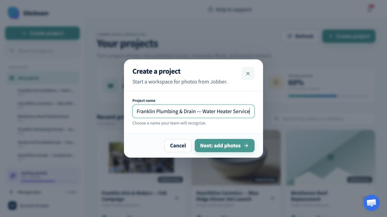 SiteSeam form for creating a project for service content