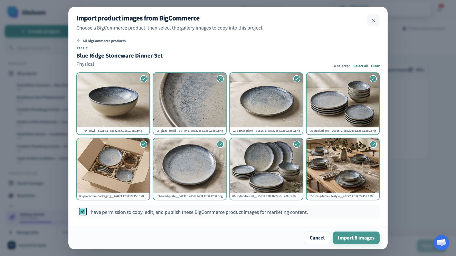 SiteSeam picker showing a BigCommerce product and selected images