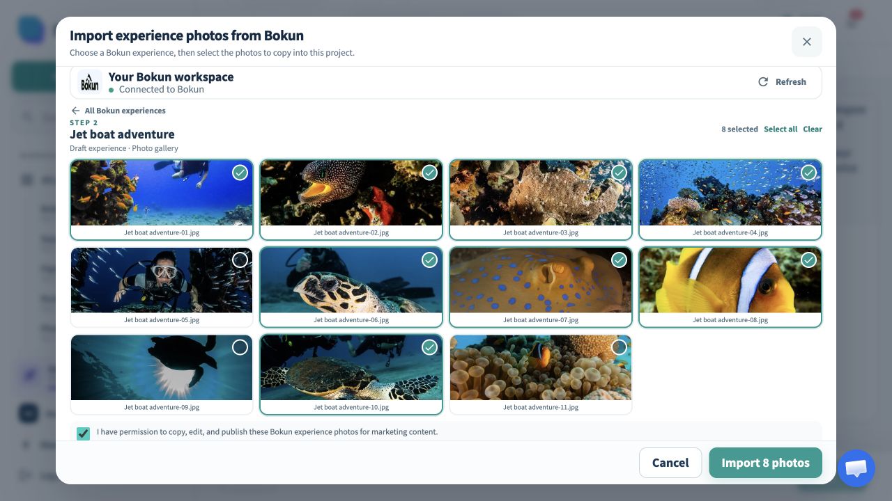 Bokun experience photo picker in SiteSeam