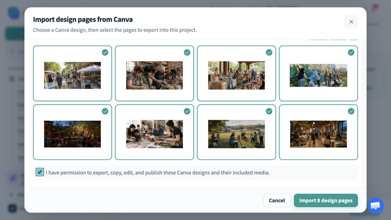 SiteSeam picker showing a Canva design and selected pages