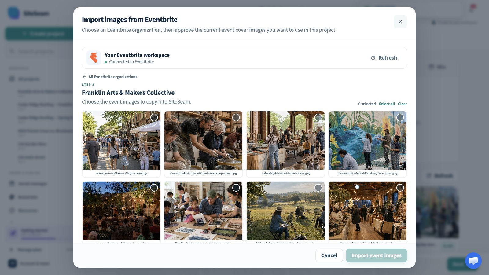 SiteSeam picker showing an Eventbrite organization and selected event images