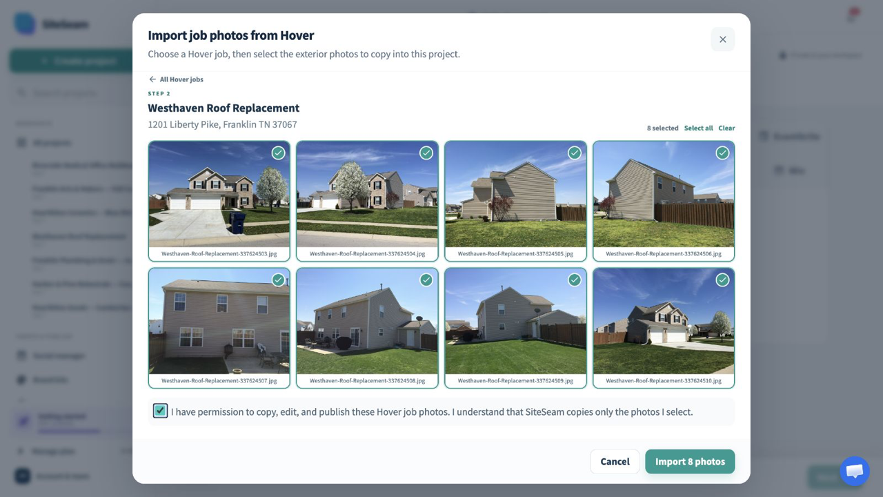 Hover job photo picker with eight selected images
