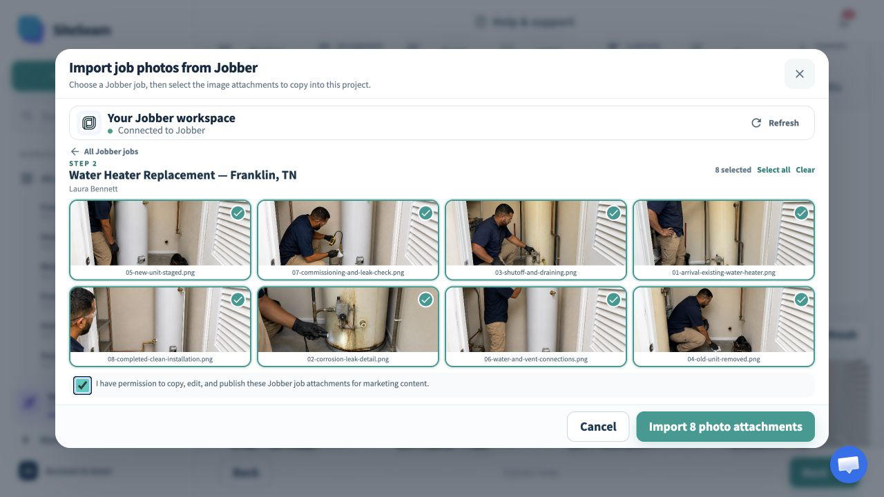 SiteSeam picker showing a Jobber job and selected photo attachments