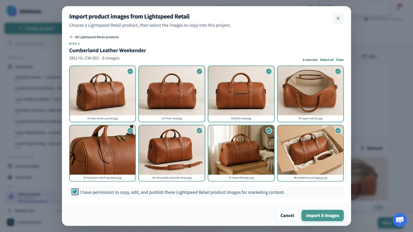 SiteSeam picker showing a Lightspeed Retail product and selected images
