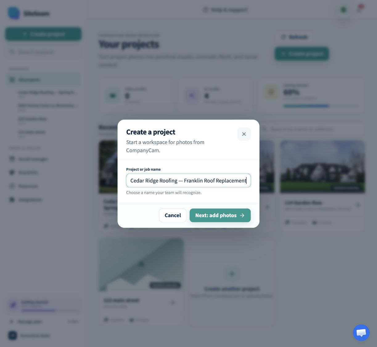 SiteSeam form for creating a new project for jobsite content