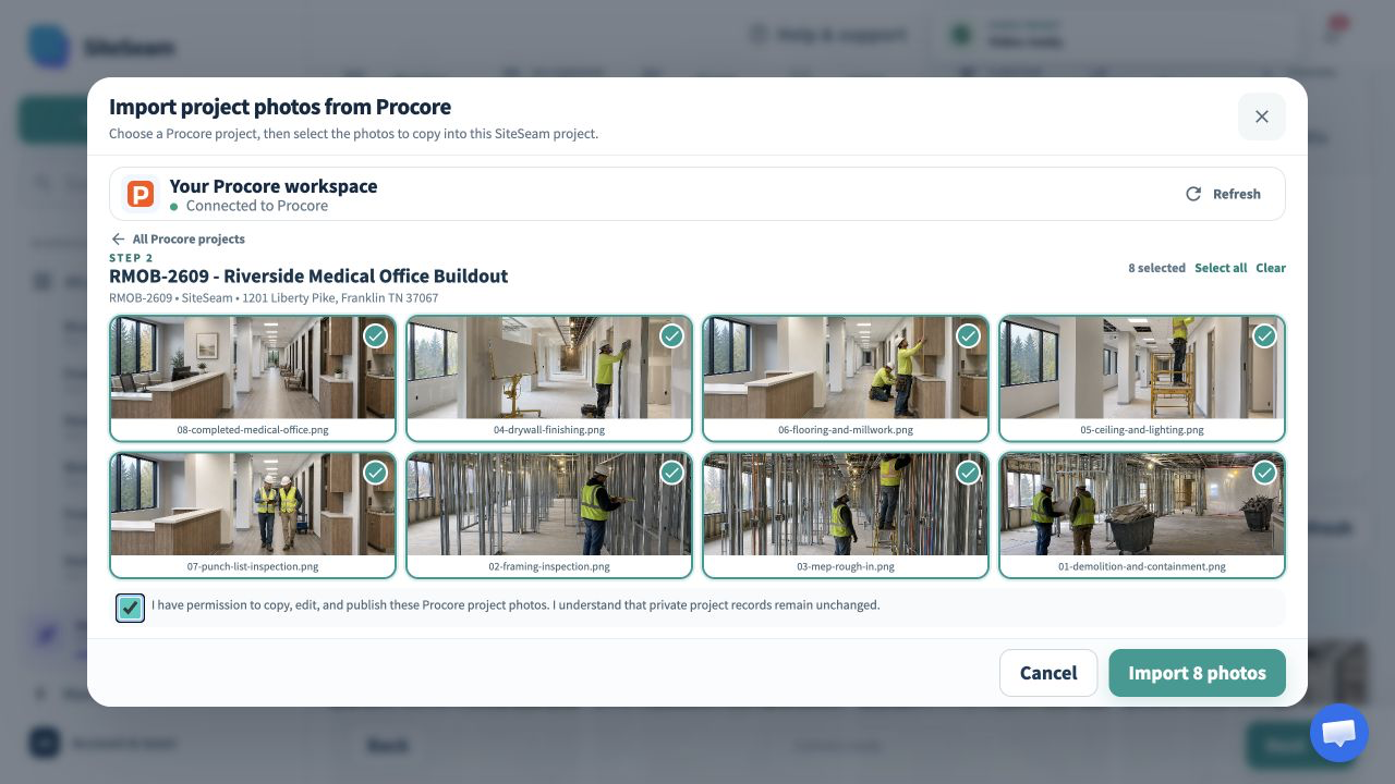 SiteSeam picker showing a Procore project and selected project photos