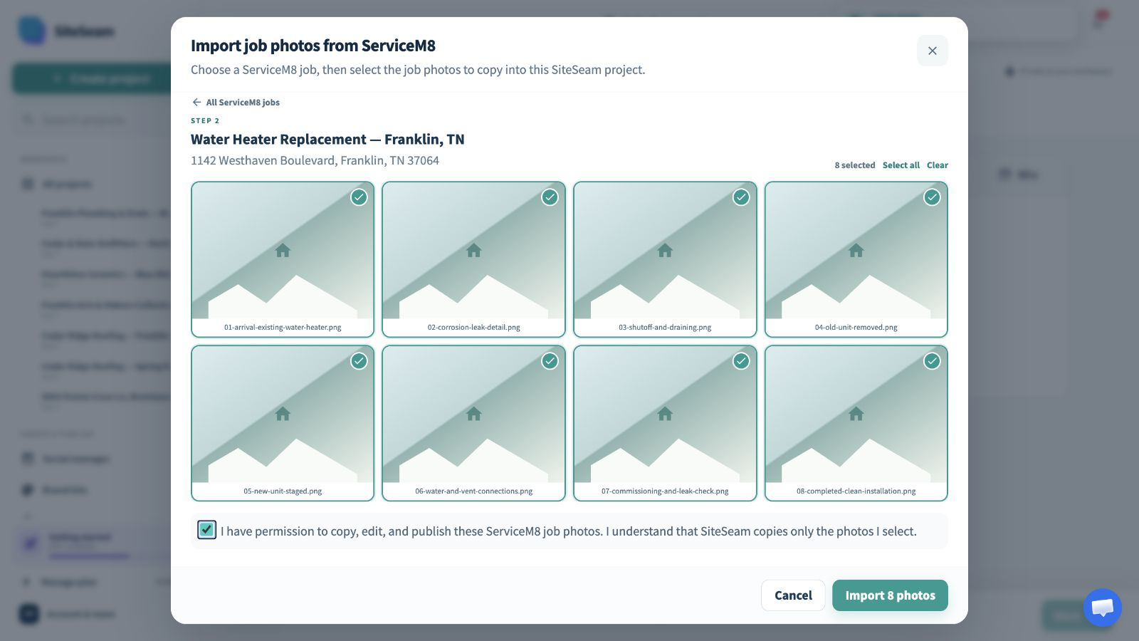 SiteSeam picker showing a ServiceM8 job and selected job photos