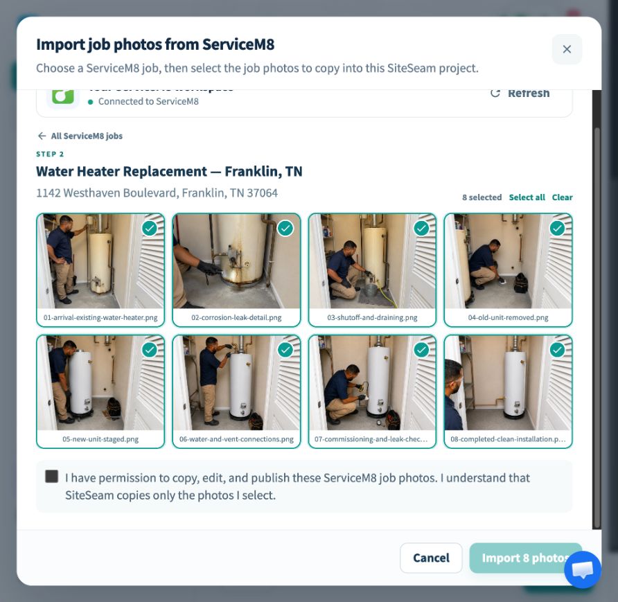 SiteSeam picker showing a ServiceM8 job and selected job photos