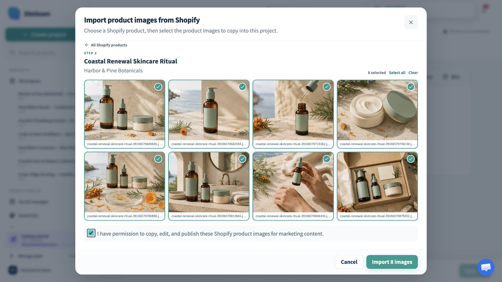SiteSeam picker showing the Shopify product and selected images