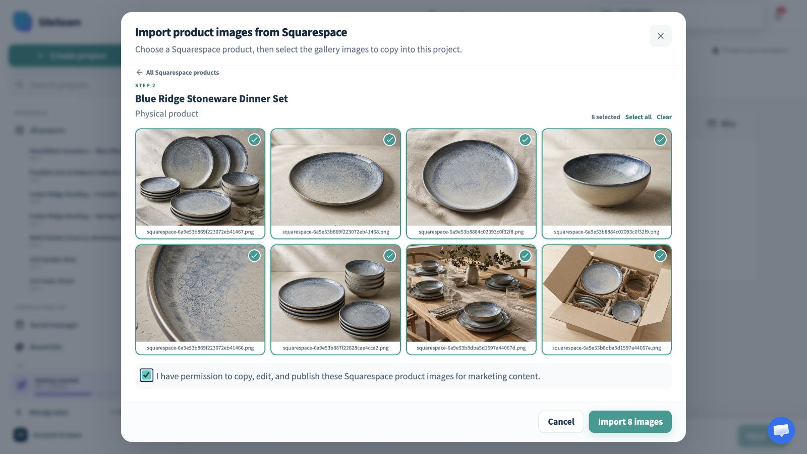SiteSeam picker showing a Squarespace product and selected gallery images