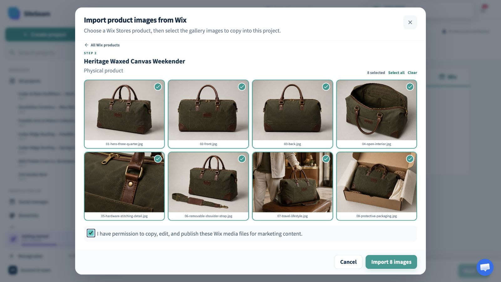 SiteSeam picker showing a Wix Stores product and selected gallery images
