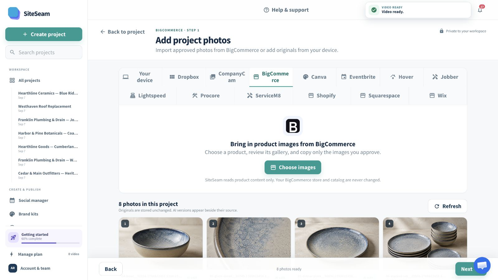 SiteSeam confirmation that BigCommerce images were imported into the project