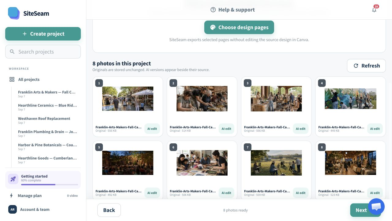 SiteSeam confirmation that Canva design pages were imported into the project