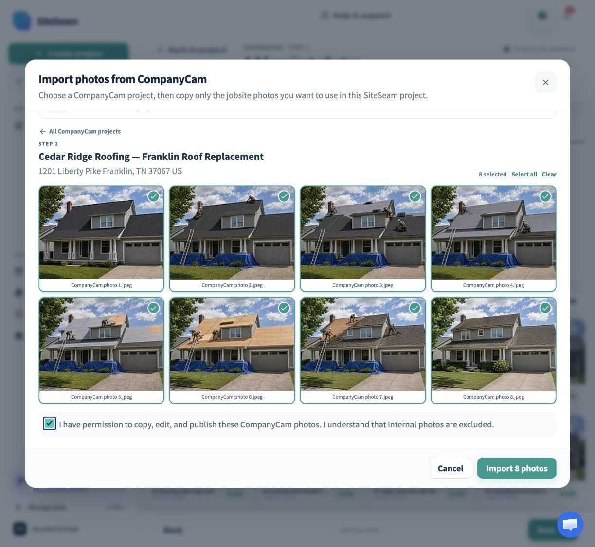 SiteSeam picker showing a CompanyCam project and selected jobsite photos