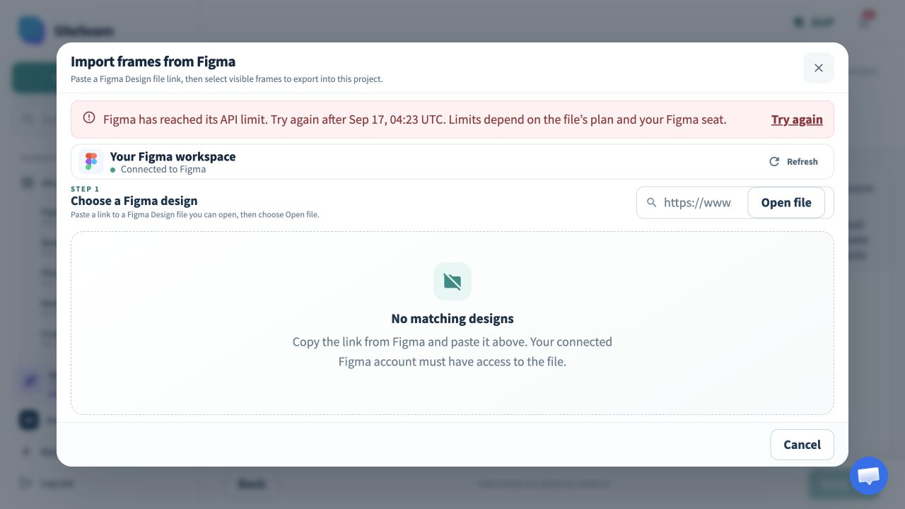 Live Figma API rate-limit response with the provider’s retry time