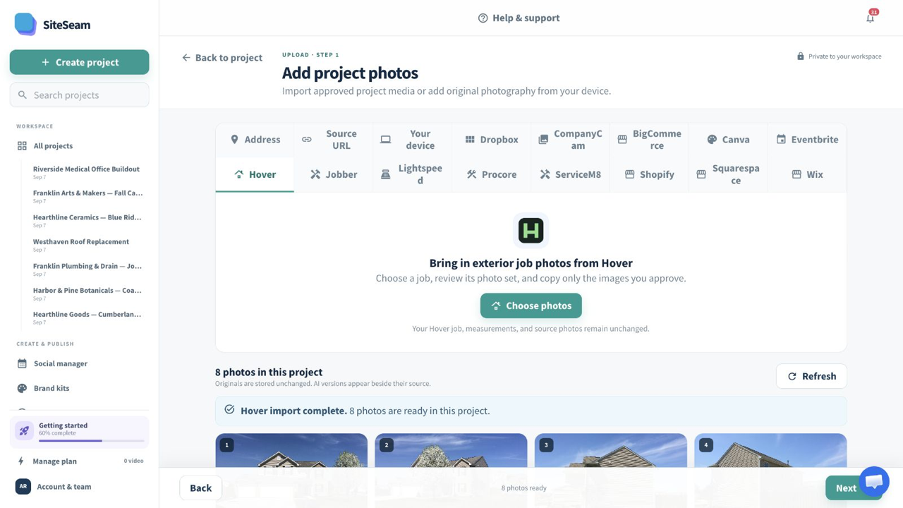 SiteSeam confirmation that Hover photos were imported into the project
