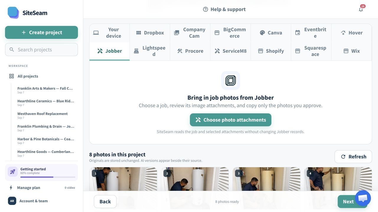 SiteSeam confirmation that Jobber photos were imported into the project