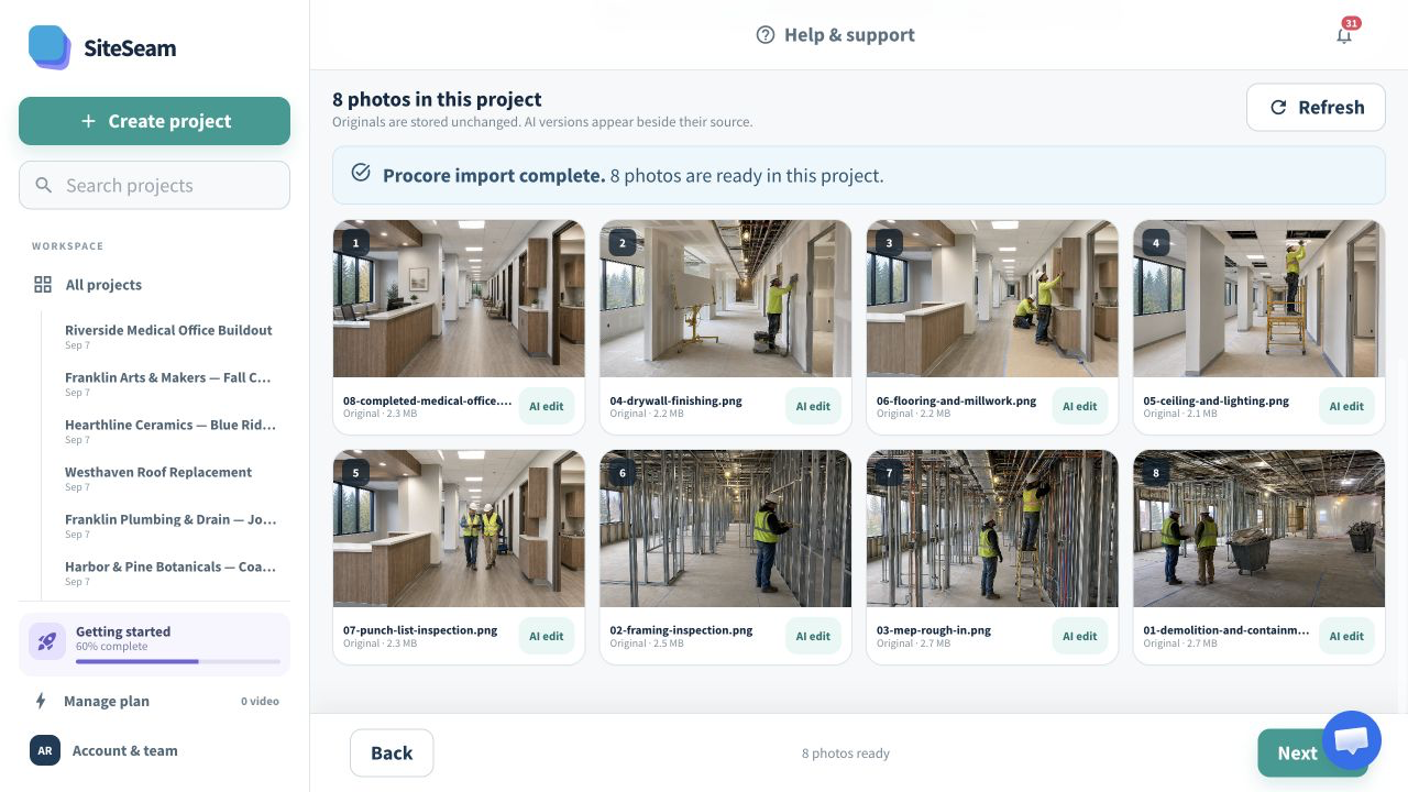 SiteSeam confirmation that Procore photos were imported into the project
