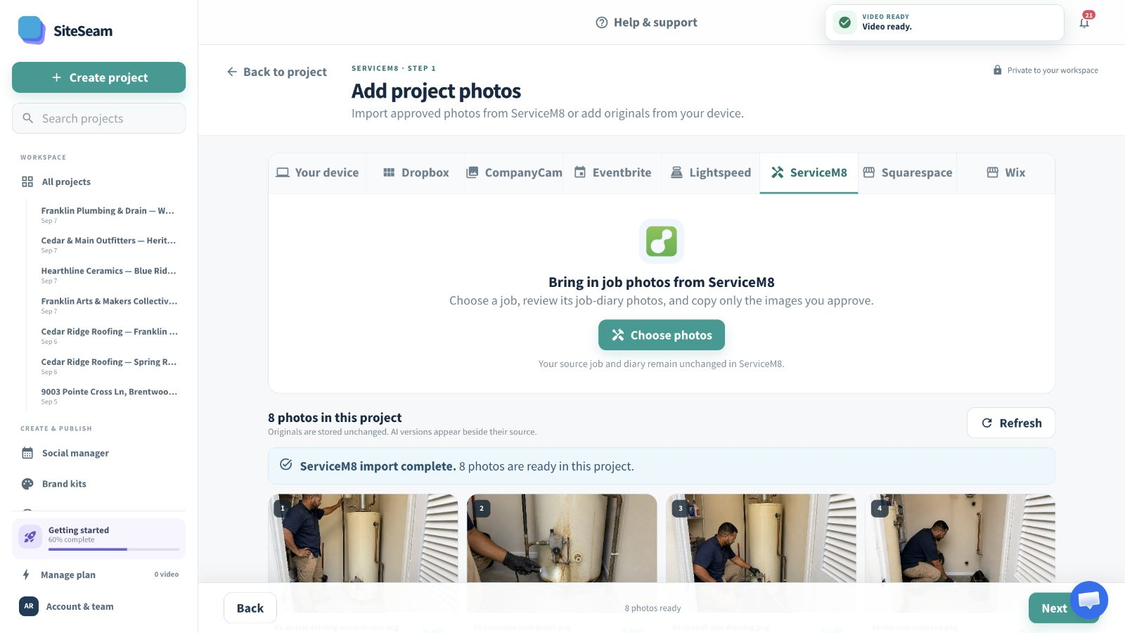 SiteSeam confirmation that ServiceM8 photos were imported into the project