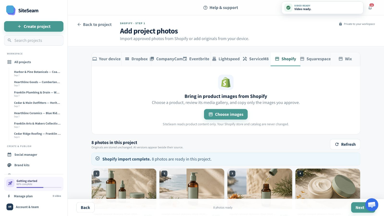 SiteSeam confirmation that Shopify images were imported into the project