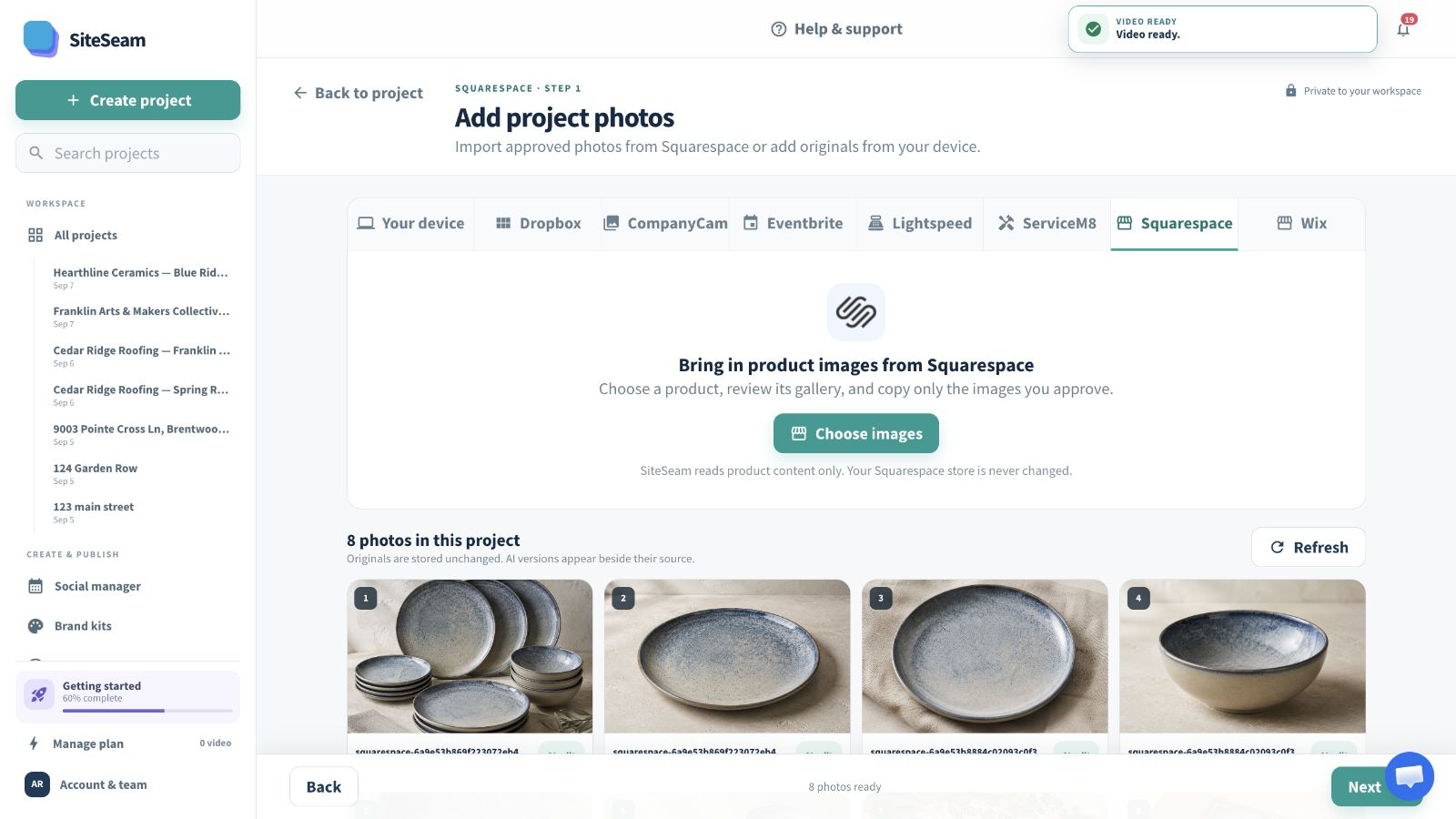 SiteSeam confirmation that Squarespace images were imported into the project
