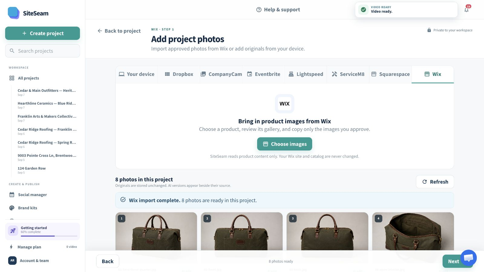 SiteSeam confirmation that Wix images were imported into the project