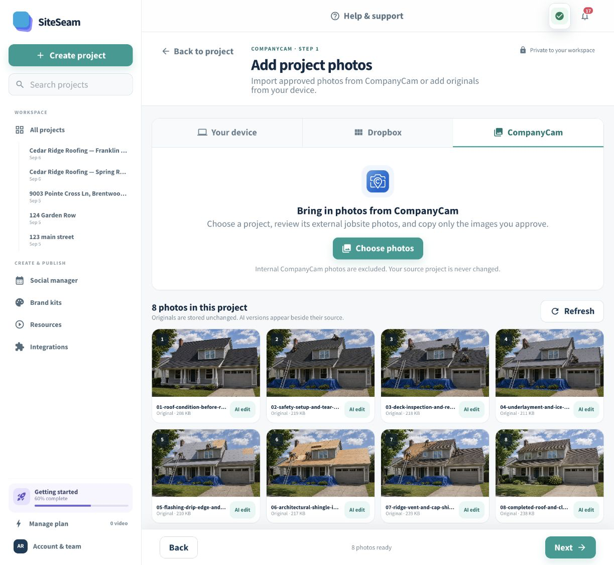 SiteSeam confirmation that CompanyCam photos were imported into the project
