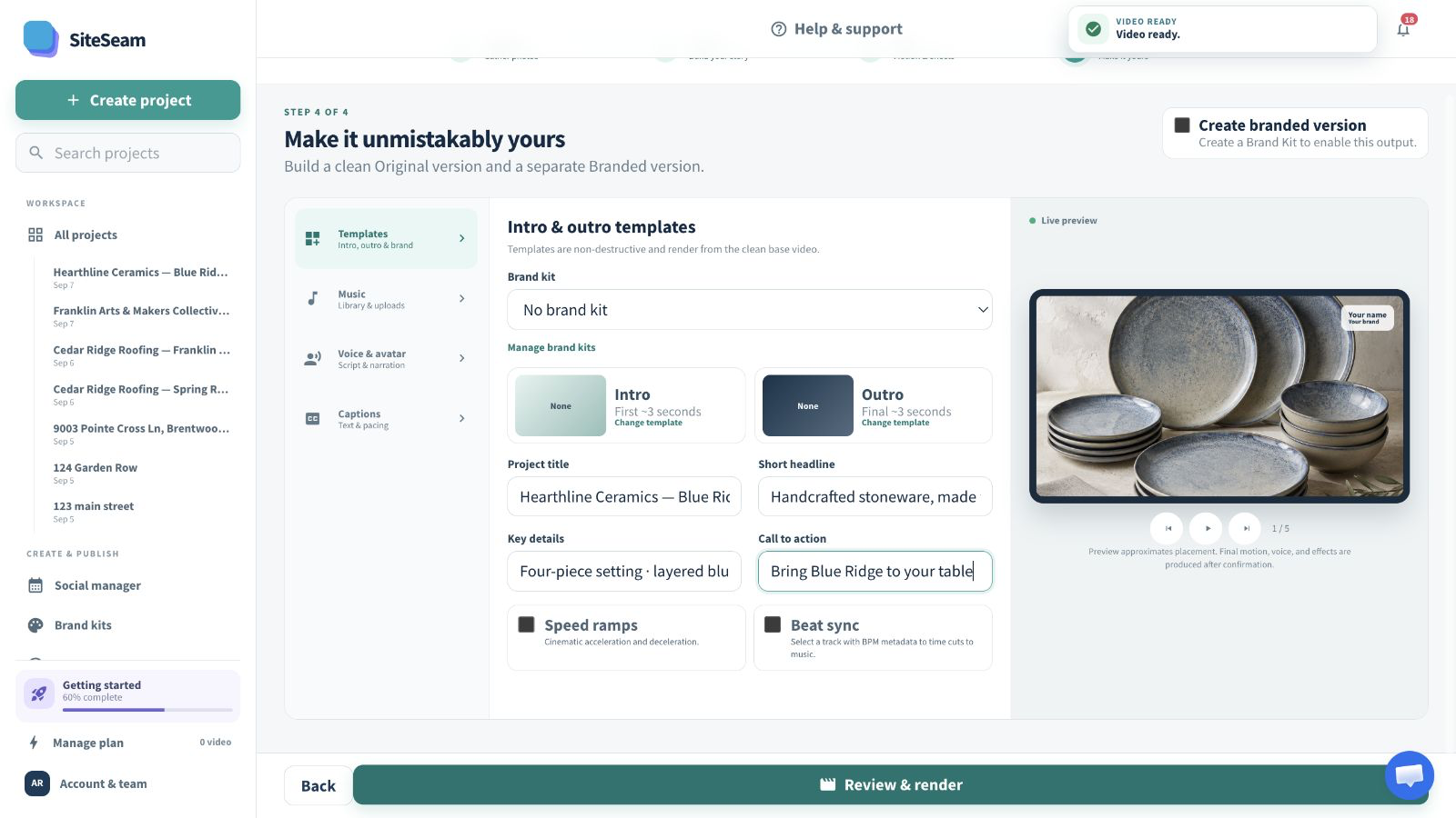 SiteSeam Reel builder using images imported from Squarespace