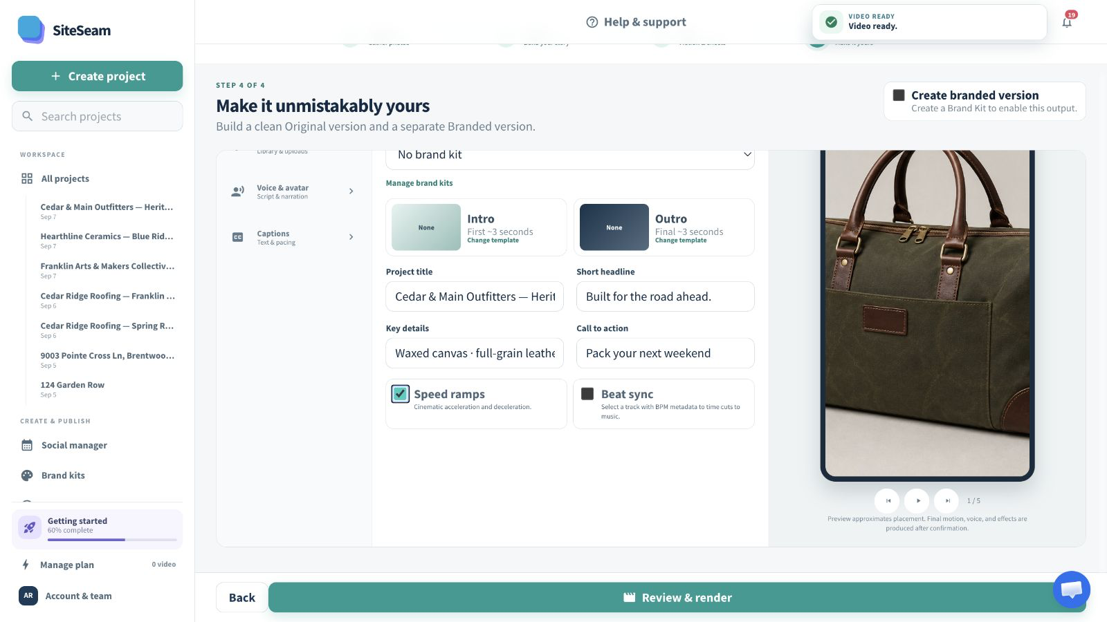 SiteSeam Reel builder using images imported from Wix