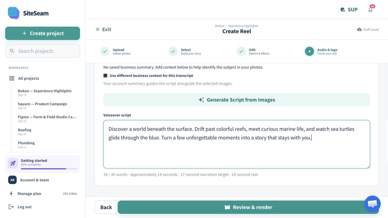Reel builder using Bokun experience photos