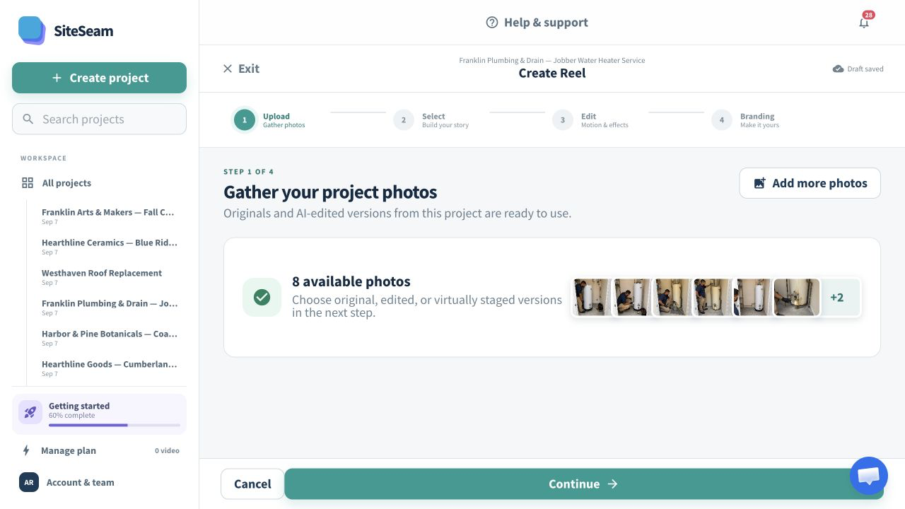 SiteSeam Reel builder using photos imported from Jobber