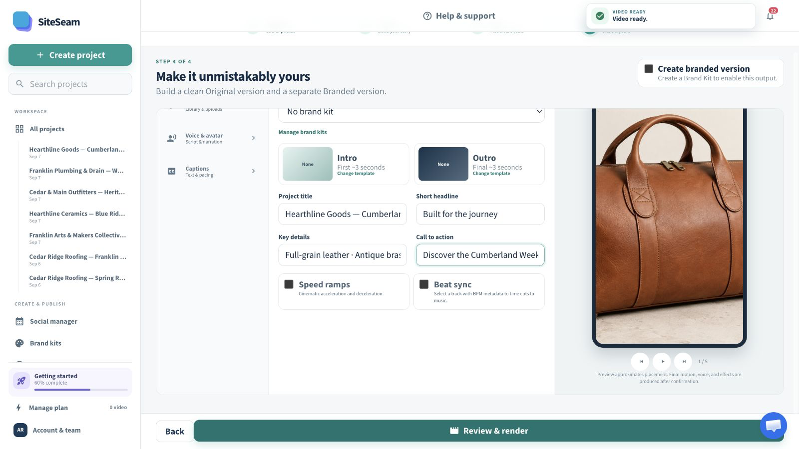 SiteSeam Reel builder using images imported from Lightspeed Retail