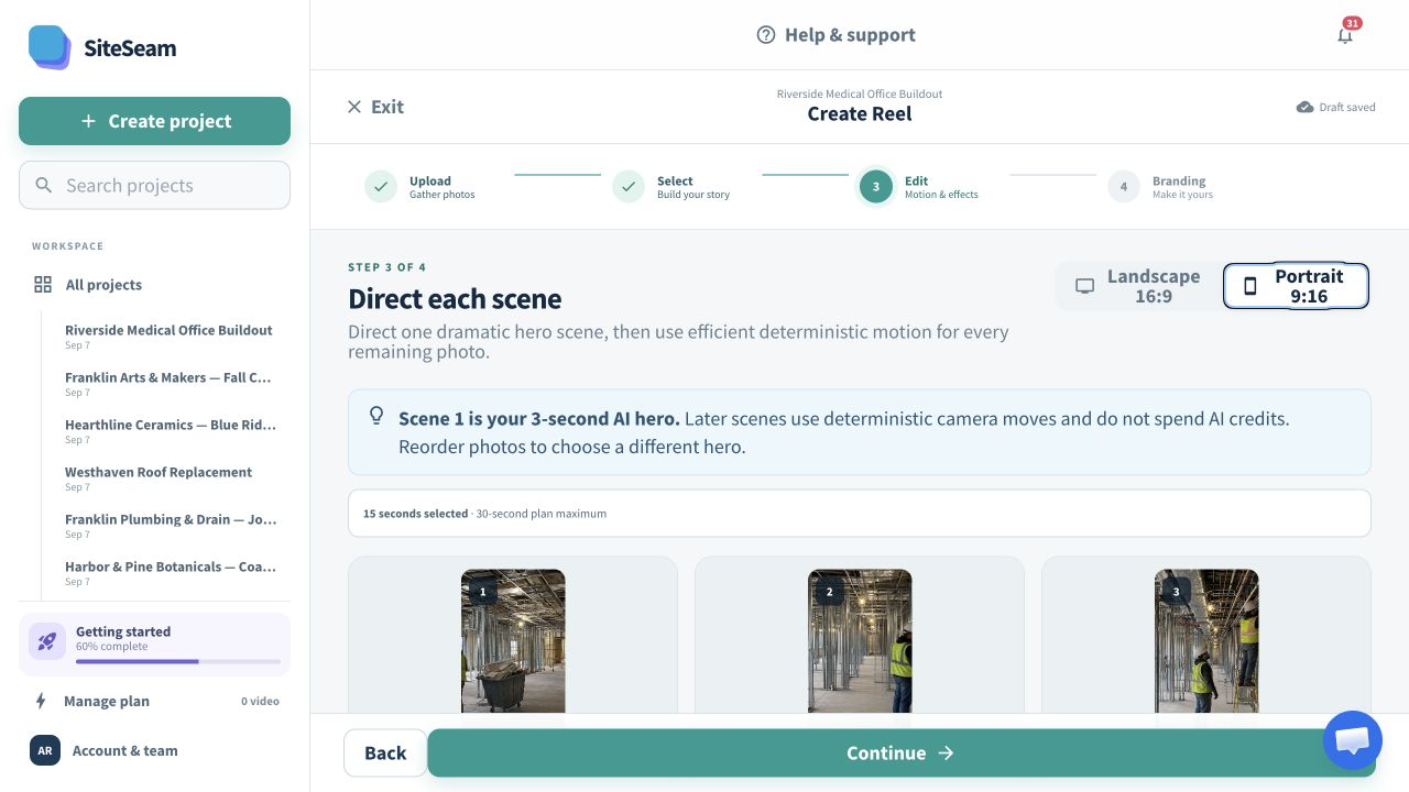 SiteSeam Reel builder using photos imported from Procore