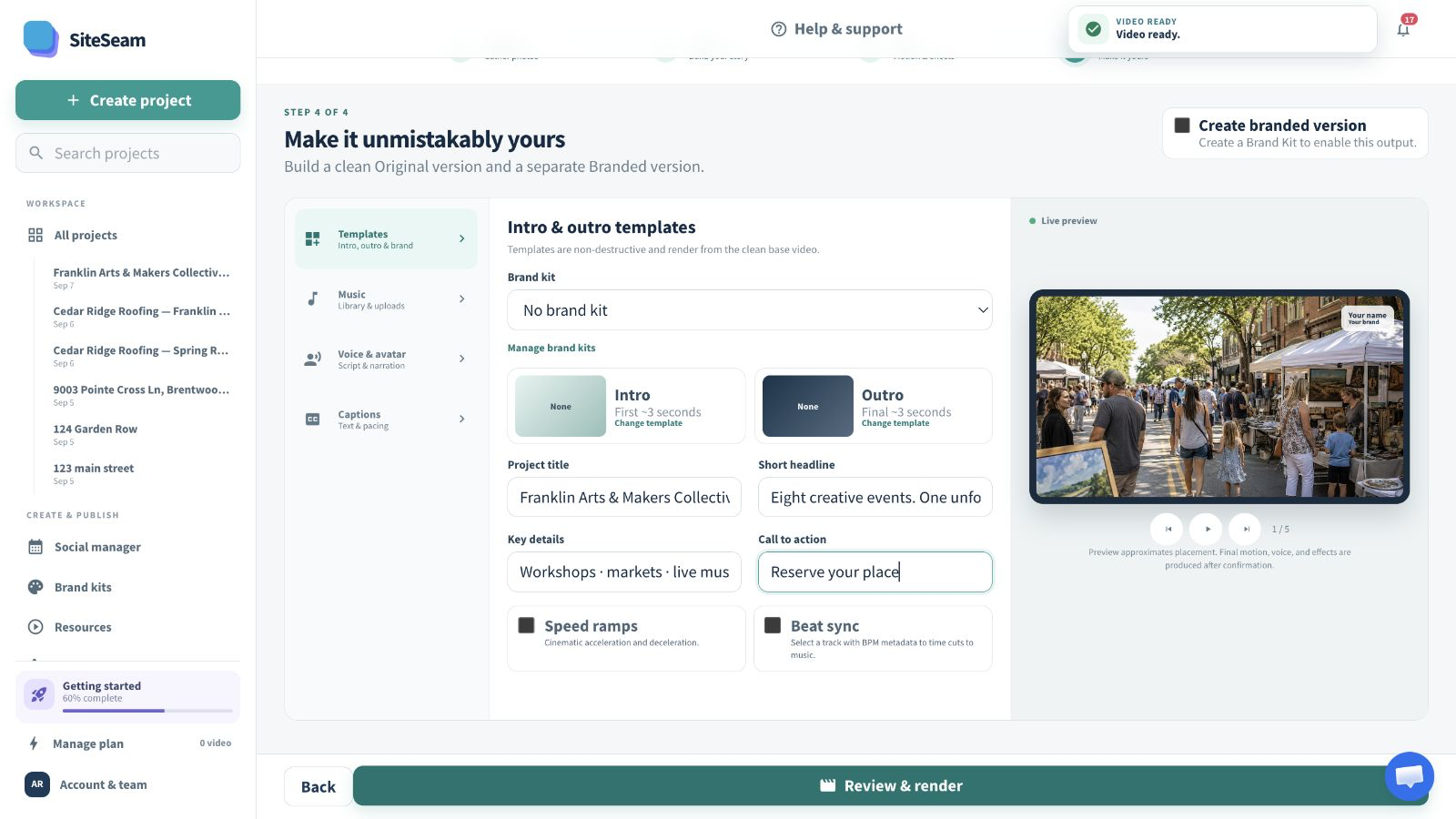 SiteSeam Reel builder using images imported from Eventbrite
