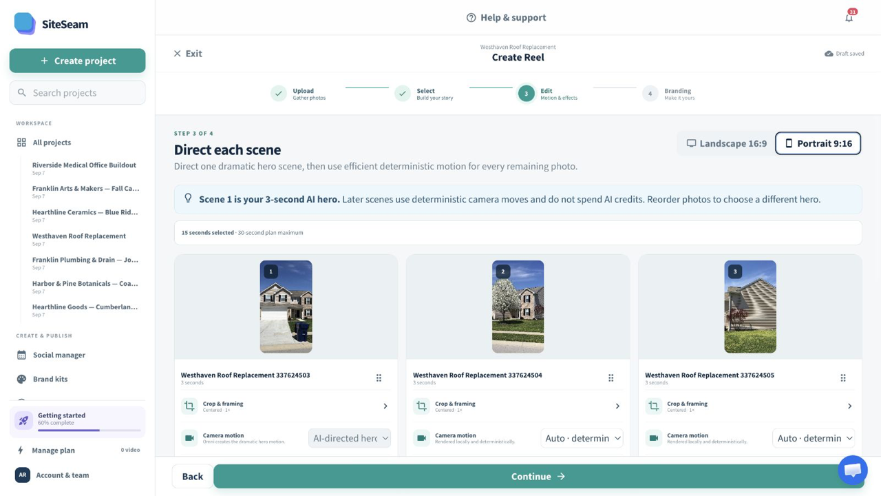 SiteSeam Reel builder using photos imported from Hover