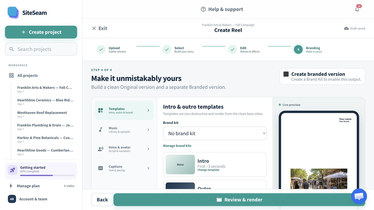 SiteSeam Reel builder using design pages imported from Canva