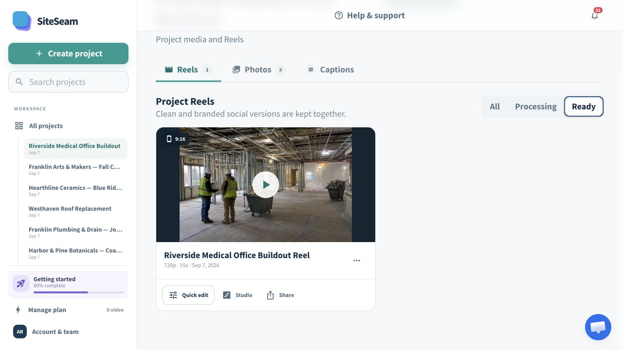 SiteSeam confirmation and preview of the completed construction progress Reel