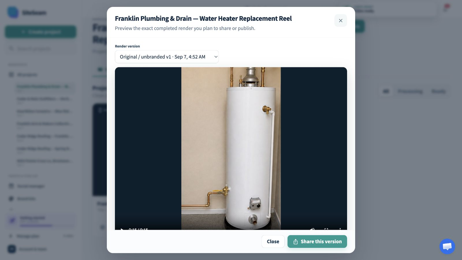 SiteSeam confirmation and preview of the completed service Reel