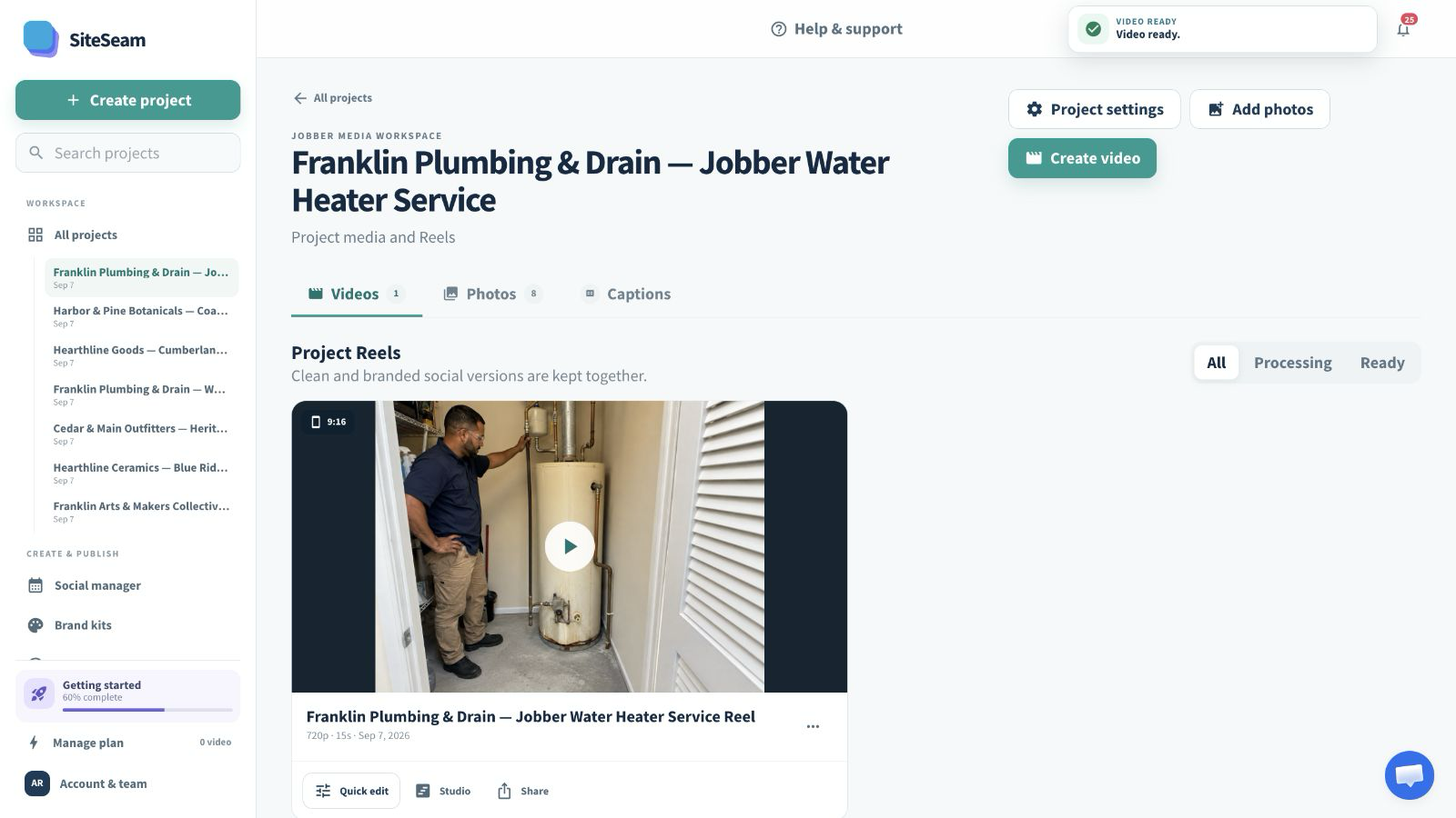 SiteSeam confirmation and preview of the completed service Reel