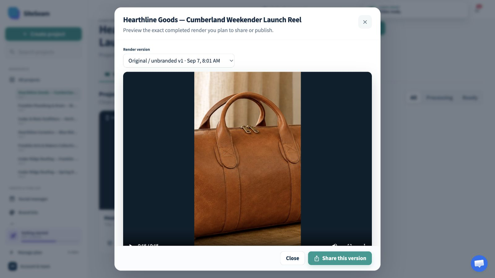 SiteSeam confirmation and preview of the completed product Reel