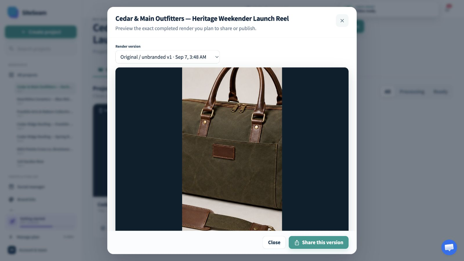 SiteSeam confirmation and preview of the completed product Reel